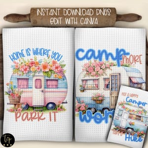 Modèles d'essuie-mains de cuisine pour camping-car (3), serviette de tablier numérique pour sublimation, à modifier avec Canva, serviettes de camping-car, Happy Camper, où vous le garez