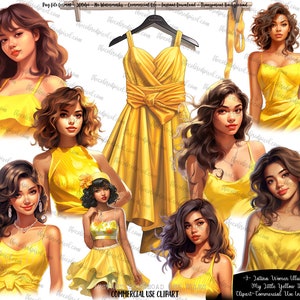 Clipart donne ispaniche, download di sublimazione, clipart vestito giallo per ragazze ispaniche, clipart per adesivo Planner, clipart Latina gialla