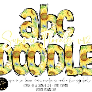 Alfabeto de letras de doodle de flores de verano pngs, paquete alfa dibujado a mano, alfabeto de sublimación, DTF imprimible, girasoles de primavera de acuarela