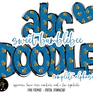 Mão desenhada Bumble Bee Doodle letras pacote de alfabeto PNG, pacote alfa, alfabeto de sublimação digital PNG, alfabeto de abelha de mel imprimível DTF