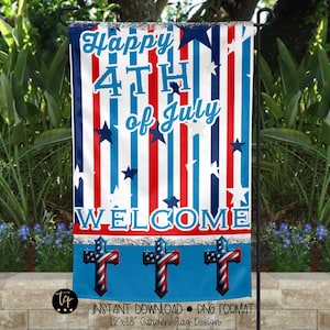 Drapeau de bienvenue de la croix patriotique chrétienne Téléchargement numérique | Sublimation de drapeau de jardin | Conception d'enseigne de jardin pour patio | Bienvenue en PNG le 4 juillet