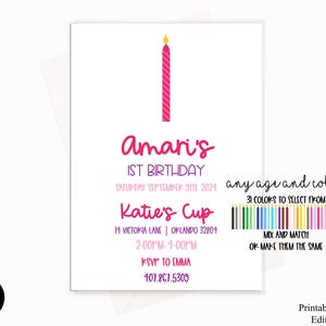 Invitación para fiesta de cumpleaños con descarga instantánea, invitación con velas de cumpleaños, para cualquier edad, 31 colores para elegir, edición con Canva, descarga instantánea