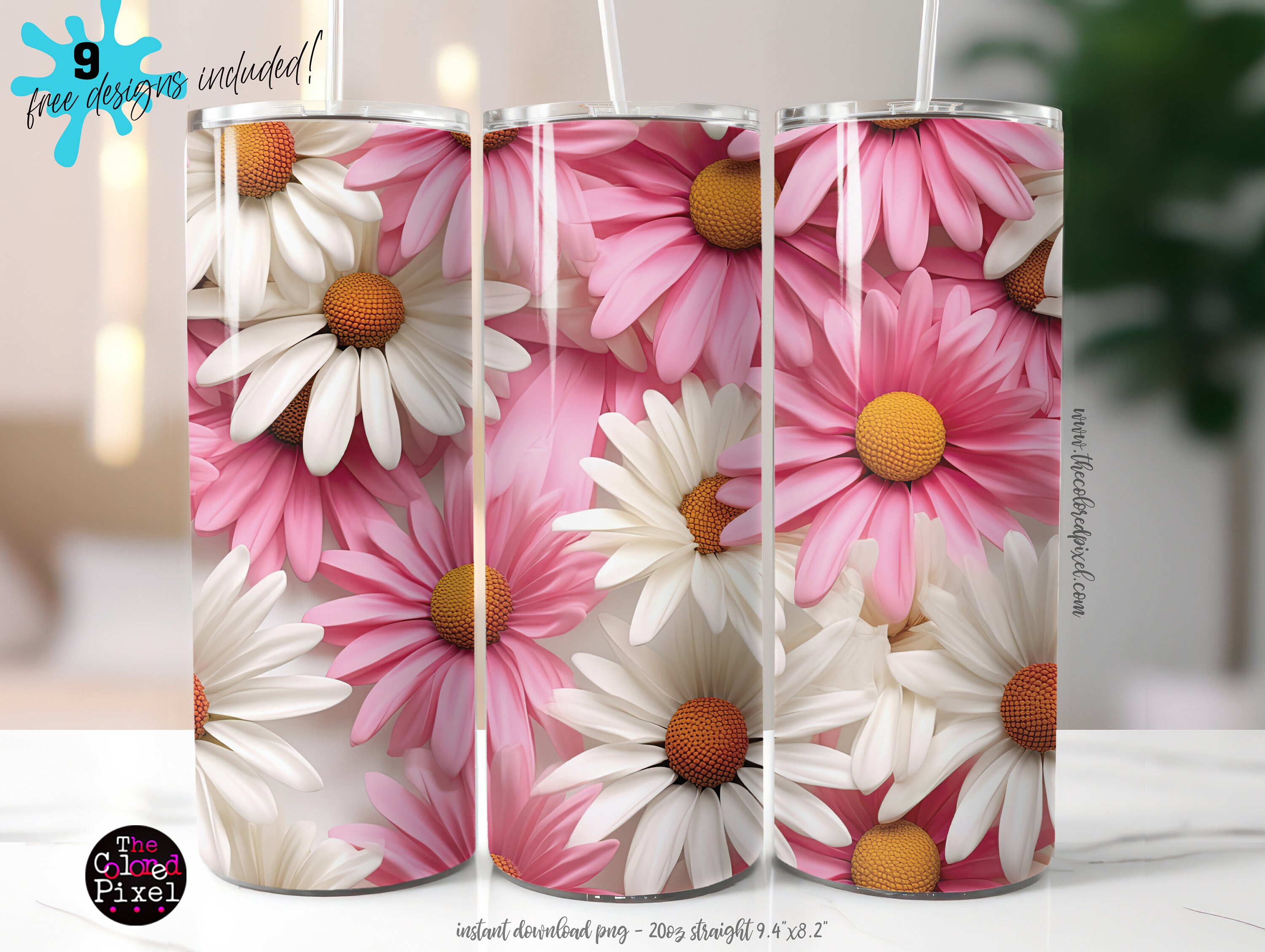 Floral Tumbler Wrap: Pink & White Flowers, 20oz Skinny Tumbler (PNG Digital Download)