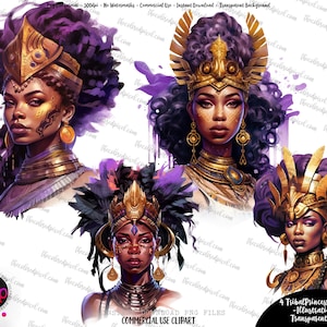 黒い王女のクリップアート、水彩画のアフリカの王女の戦士のクリップアート、部族の王女のクリップアートのpng、黒い部族の女王の水彩画のpng、紫