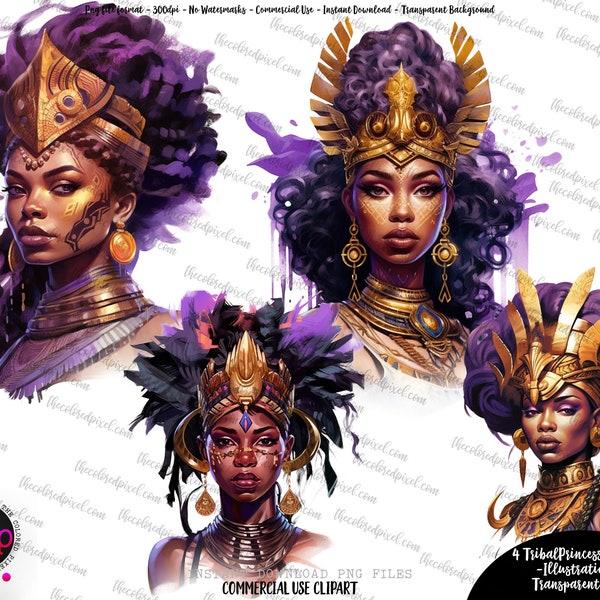 Black Princess Clipart, Watercolor African Princess Warrior clipart, Tribal Princess clipart pngs, Black Tribal Queen watercolor png, purple