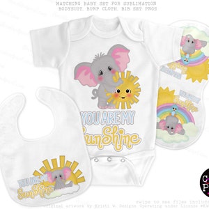 May include: A sublimation design set for baby clothes featuring a cute gray elephant holding a yellow sun with the text "You are my sunshine". The set includes a bodysuit, burp cloth, and bib.