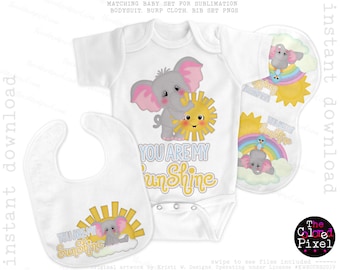 You are my sunshine Elephant Baby Bodysuit Bib Burp cloth sublimation pngs, Sunshine bib set for Sublimation, Kristi W. Designs