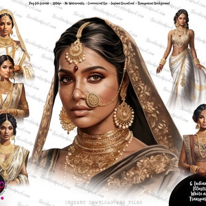 Women of India-illustraties, sublimatie download, Indiase vrouw Dupatta clipart, clipart planner sticker, wit en goud, sticker clipart