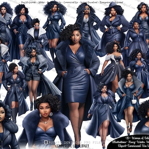 Schwarze Frau Clipart, Winter Navy Mode Clipart, Women of Color, Clipart Planer Aufkleber, Kurvige Mädchen, Navy Mode, Plus Size Clipart