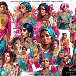 Women of India-illustraties, sublimatie download, Indiase vrouw Dupatta clipart, clipart planner sticker, roze groenblauw goud, bruiloft clipart