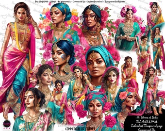 Indian Woman Clipart: Teal, Gold & Pink Dupatta (Digital Download)