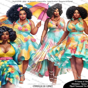 Bochtige zwarte vrouwen clipart, zwarte vrouwen, vrouwen van kleur, zomerse vibes, bochtige vrouw illustraties, zwarte vrouw, plus size clipart roze groenblauw geel