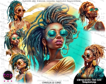 Black Woman clipart, Hair clip art, Women of Color clipart, clipart for planner sticker, dreadlocks locs png, sublimation png, gold teals