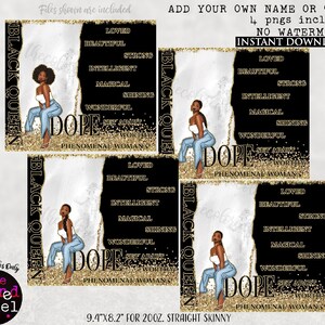 Op de afbeelding: Vier digitale printbare ontwerpen met een zwarte vrouw met gouden glitter en de tekst "Black Queen" en "Dope" met de woorden "Loved, Beautiful, Strong, Intelligent, Magical, Shining, Wonderful, Set Apart, Worthy, Phenomenal Woman" in gouden tekst op een zwarte achtergrond.