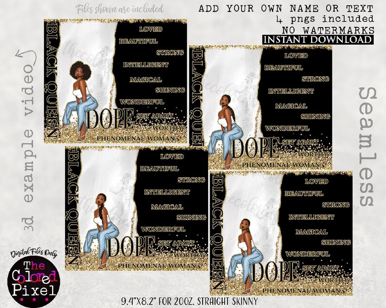 Op de afbeelding: Vier digitale printbare ontwerpen met een zwarte vrouw met gouden glitter en de tekst "Black Queen" en "Dope" met de woorden "Loved, Beautiful, Strong, Intelligent, Magical, Shining, Wonderful, Set Apart, Worthy, Phenomenal Woman" in gouden tekst op een zwarte achtergrond.