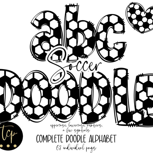 Soccer ball alphabet, Sports Doodle Letters PNG Alphabet Bundle, Hand Drawn Alpha Pack, Sublimation Alphabet PNGs, DTF Printable Black