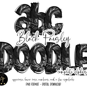 Digitale download | Doodle zwarte paisley bandana opvulling | PNG-clipartbundel alfabetpakket | Letters en cijfers