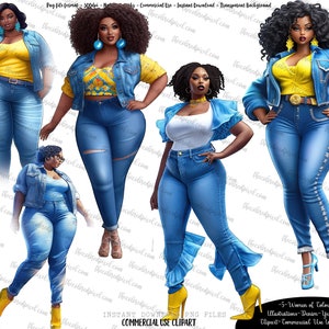 Clipart donne nere formose, donne nere, donne di colore, clip art donna curvy con vibrazioni estive Demin e gialle, clipart adesive taglie forti