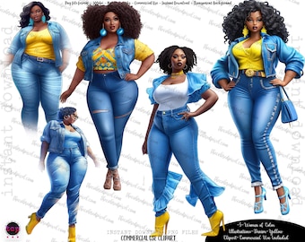 Curvy black women clipart, Black women, Women of Color, Demin and yellow summer vibes curvy woman clip art, plus size sticker clipart