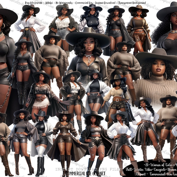 Black Woman clipart, Cowgirl Boots and Sweaters clipart, Black women clipart, Women of Color Cowboy boots, curvy girl fall winter fashion v4