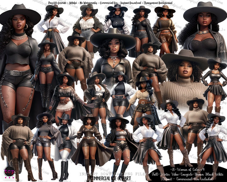 Black Woman clipart, Cowgirl Boots and Sweaters clipart, Black women clipart, Women of Color Cowboy boots, curvy girl fall winter fashion v4 image 1