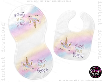 Bib Burpcloth Sublimation template pngs, Bib & Burp Cloth PNG Files, Instant Download, Baby Shower Gift, Unicorn Little but Fierce