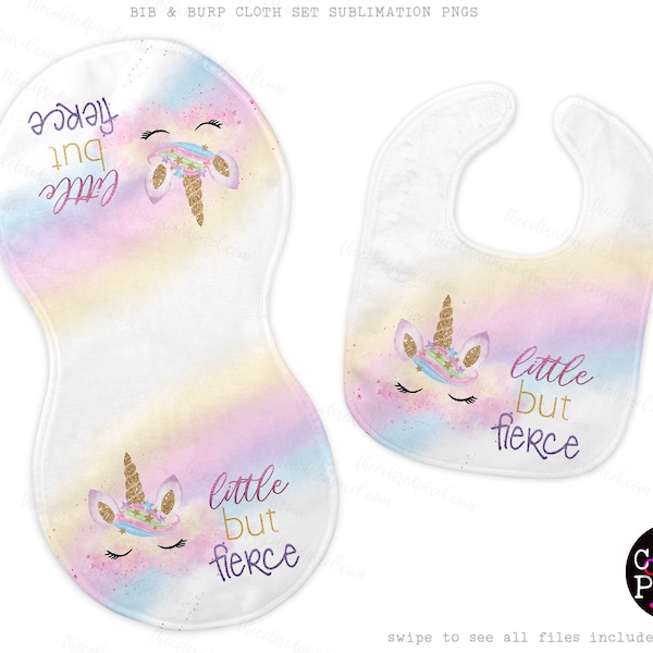 Bib Burpcloth Sublimation template pngs, Bib & Burp Cloth PNG Files, Instant Download, Baby Shower Gift, Unicorn Little but Fierce