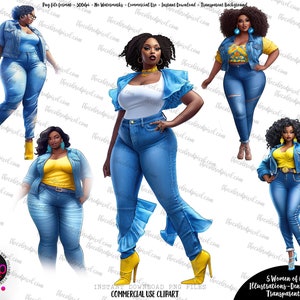 Curvy Black Women Clipart: Denim & Yellow Summer PNG (digital Download
