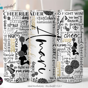 20 Unzen Skinny Tumbler Cheer Gold Glitter Cheer Words Cheerleader Sublimation Design Digitaler Download PNG Fügen Sie Ihren eigenen Namen oder Text hinzu