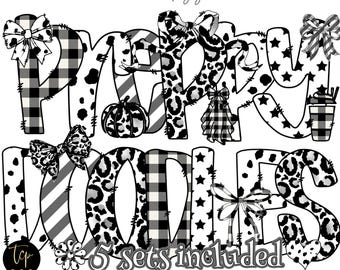 Alfabeto preppy doodle: negro, blanco, leopardo, cuadros, estrellas, rayas y estampados de leopardo (descarga digital)