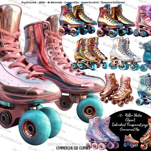 Könnte beinhalten: Zwölf Paar Rollschuhe in verschiedenen Farben, darunter Pink, Gold, Silber und Blau. Jedes Paar hat ein anderes Farbschema und Design. Die Rollschuhe befinden sich alle auf einem weißen Hintergrund. -12- Roller Skates Clipart Individual Transparent pngs Commercial Use