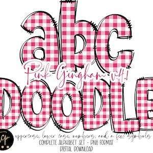 May include: Pink and white gingham alphabet letters in a doodle style. The letters spell out "abc doodle".
