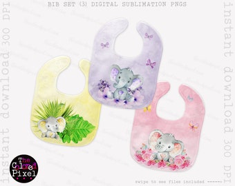 Bib Set Sublimation pngs, Bib templates sublimation PNG Files, Baby Shower Gift, Elephant Babies Bib set, Instant Download pngs, 3 designs