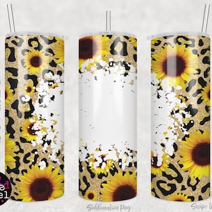 May include: A sublimation design featuring a seamless pattern of leopard print with gold glitter and sunflowers. The design is perfect for creating custom tumblers, mugs, and other items.