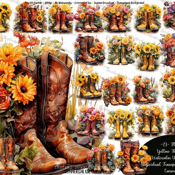 Cowgirl Boots Watercolor Clipart, Garden boot clilpart planner journal pngs, Commercial Use, Instant Digital Download Boots Yellow v1