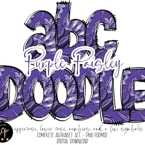Digital Download | Doodle Purple Paisley Bandana Pattern Fill | PNG Clipart Bundle Alphabet Pack | Letters and Numbers