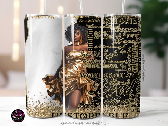 Black Woman Gold Dress Tumbler Wrap: Affirmations PNG (20oz Skinny)