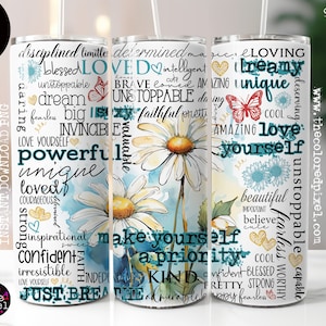 Houd van jezelf Affirmations Woman-beker png wrap, Affirmations-beker png, 20oz skinny, png FOTOLIJST en groenblauw bloemen