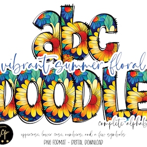 Bright Summer floral Alphabet Hand Drawn Doodle Alpha Pack, Digital Sublimation, DTF Printable, hand drawn doodle alphabet, floral letters