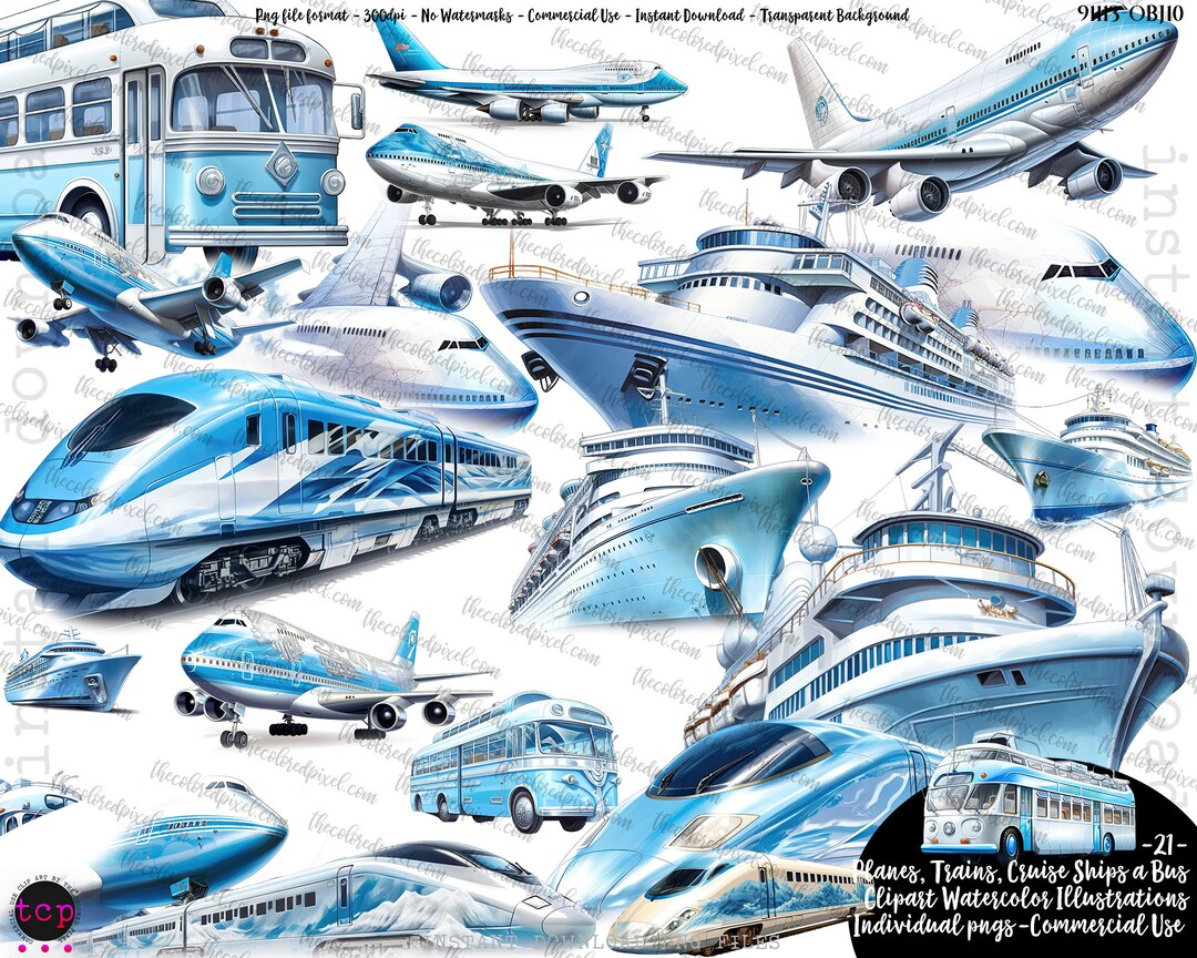 Airplane Train Bus and Cruise Liner Clipart, Sublimation Download ...