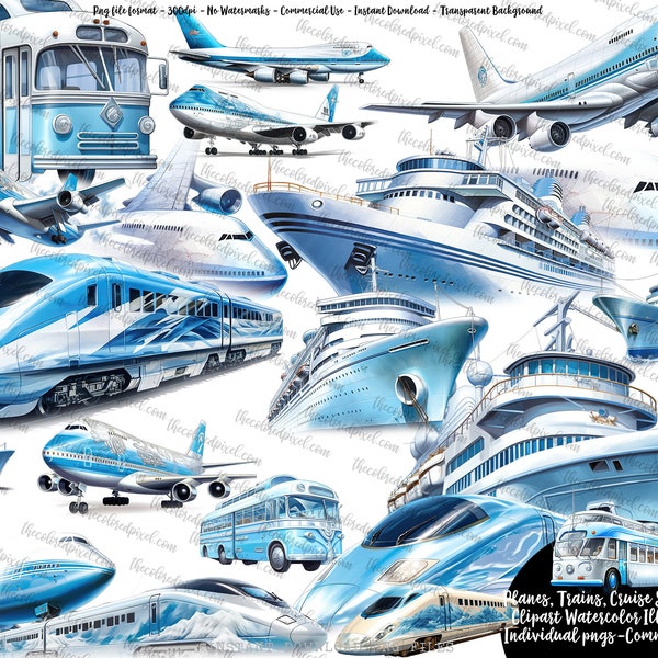 Airplane Train Bus and Cruise Liner clipart, sublimation download, travel clipart, plane bullet trains cruise ship double decker bus clipart