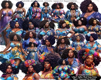 May include: A digital illustration set of 20 watercolor illustrations featuring women with dark skin tones wearing floral print dresses and blue denim jackets. The illustrations are set against a white background.