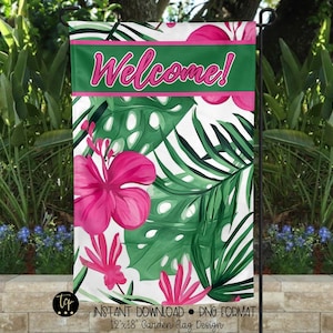 Tropical Flowers Welcome Garden Flag Digital Design Download | Yard Flag PNG | Design for Sublimation | Patio Decor | PNG Format