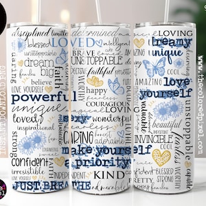Liebe dich selbst Affirmationen Frau Becher png Wrap, Fotorahmen Affirmationen Becher png, 20 Unzen dünnes png blau und gold, fügen Sie Ihr eigenes Bild hinzu