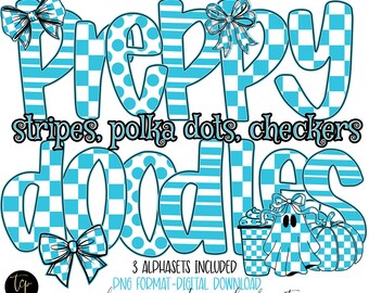 Ice Blue Preppy Doodle Alphabet PNG Set, Aqua Blue, Polka Dot & Stripe (Digital Download)