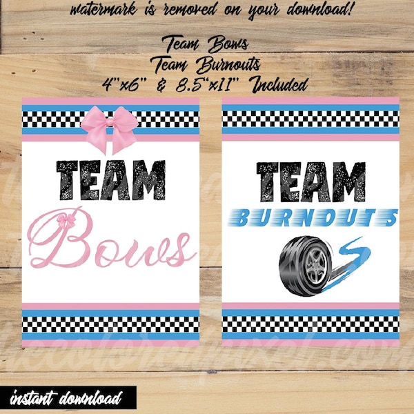 Burnouts or Bows Team Bows Team Burnouts, Blue and Pink, Instant Download, DIY Print, PDF format, Burnouts or Bows, 4x6 and 8.5x11 included