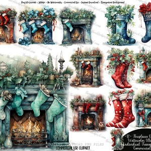 Watercolor Christmas Fireplace & Stockings Clipart (PNG)