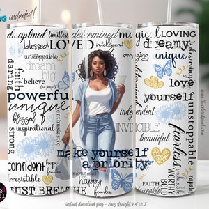 Houd van jezelf Black Woman-beker png wrap, Affirmations-beker png, Black Woman-beker wrap, 20 oz skinny beker, png denimblauw