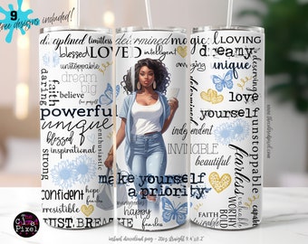 Love yourself Black Woman tumbler png wrap, Affirmations tumbler png, Black woman tumbler wrap, 20oz skinny tumbler png denim blue