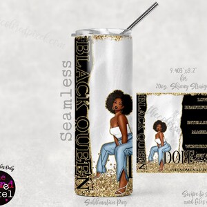Op de afbeelding: Een witte slanke tumbler met een gouden glitterontwerp en de tekst "Black Queen" in zwarte letters. De tumbler heeft een zwart-witte illustratie van een vrouw met een gouden kroon en de tekst "Dope Phenomenal Woman" in gouden letters.